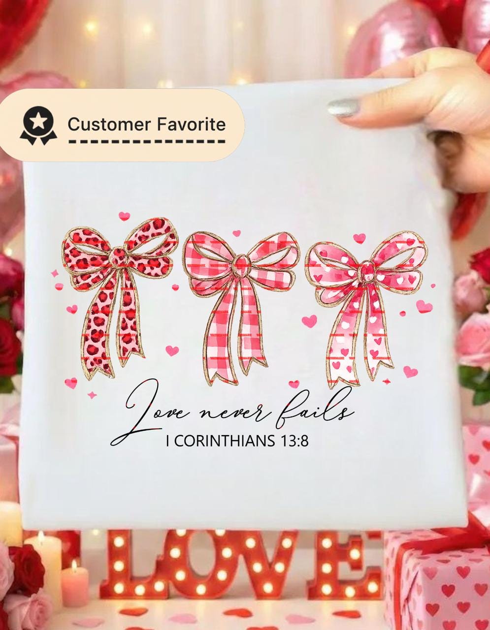 Love Never Fails PNG, Christian Design, Faith Bow Valentine PNG, Bible Verse Digital Download, Christian Valentine shirt design png file