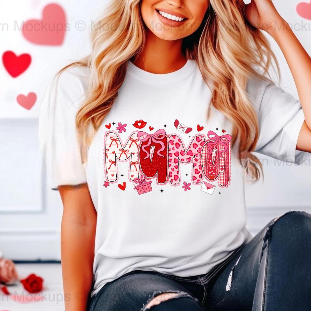 Mama Valentine Graphic Shirt design, Cute Pink Red Love Letter Bow Design, Motherhood Valentines Day Tee for Moms, Mama of boys shirt png