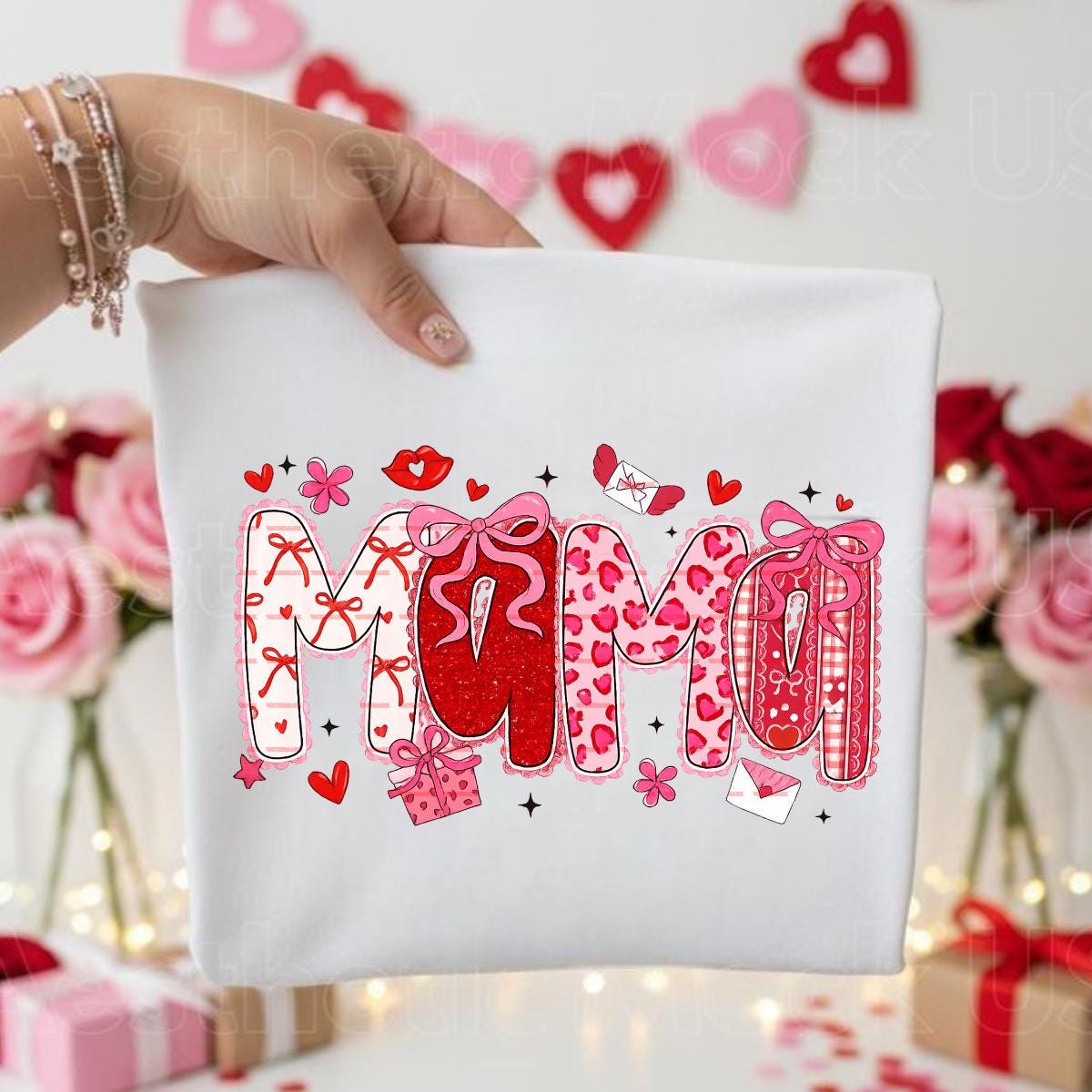 Mama Valentine Graphic Shirt design, Cute Pink Red Love Letter Bow Design, Motherhood Valentines Day Tee for Moms, Mama of boys shirt png