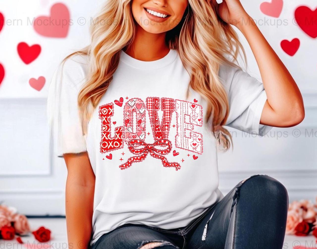 Patchwork Love PNG, Valentine’s Day Love Graphic, Red Hearts Bow Design, Cute Romantic Sublimation, Digital Download, Bow love png, Xoxo png