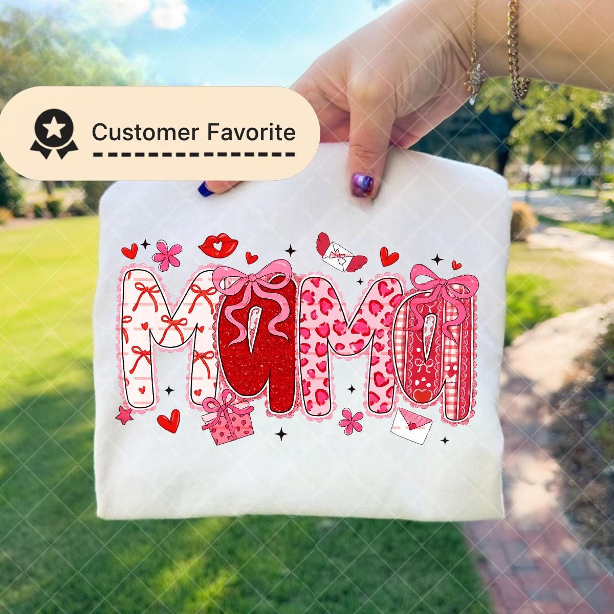 Mama Valentine Graphic Shirt design, Cute Pink Red Love Letter Bow Design, Motherhood Valentines Day Tee for Moms, Mama of boys shirt png