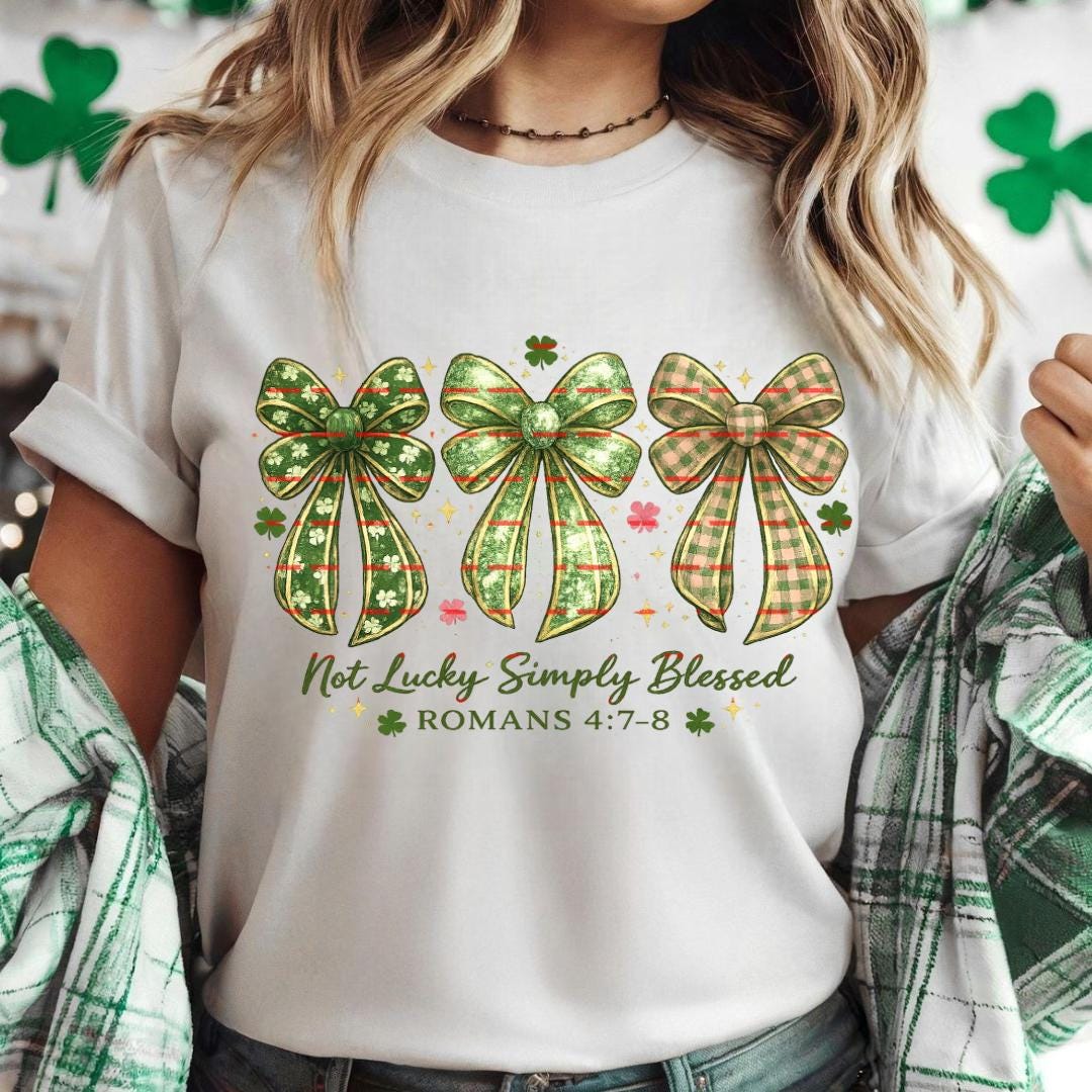 Not Lucky Simply Blessed PNG, St Patrick’s Day Christian, Romans 4:7-8 Bible Verse, Shamrock Bow Sublimation, Faith Shirt Digital Download