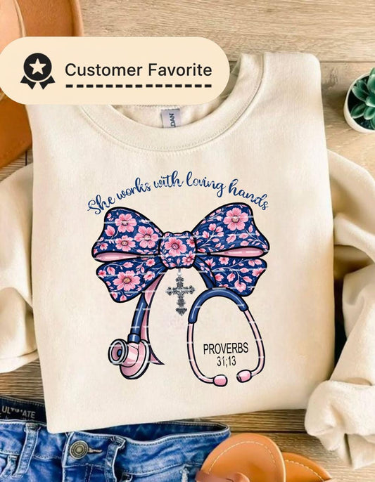 Christian Bow design, She Works With Loving Hands Nurse Shirt, Nurse,Stethoscope Faith Healthcare Worker Gift