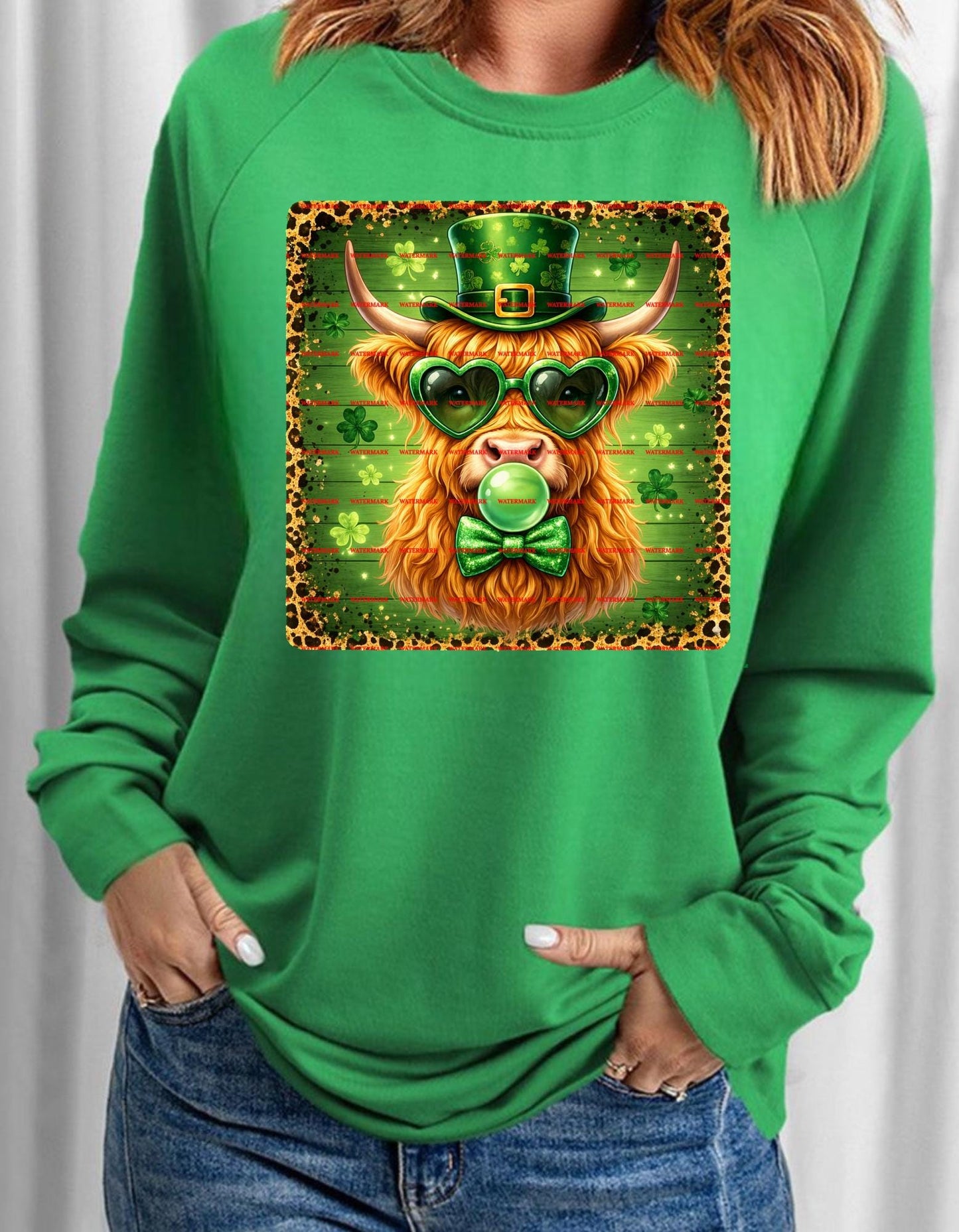 Highland Cow St Patrick’s Day PNG, Funny Irish Cow Shamrock Shirt Design, Leprechaun Cow Sublimation Green Sweatshirt Digital Download