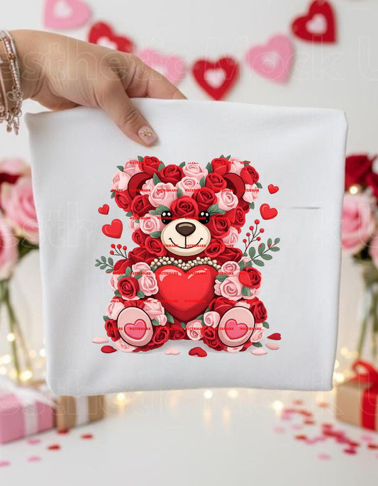 Rose Teddy Bear with Heart PNG, Valentine Floral Bear Clipart, Love Roses Teddy, Romantic Gift Art