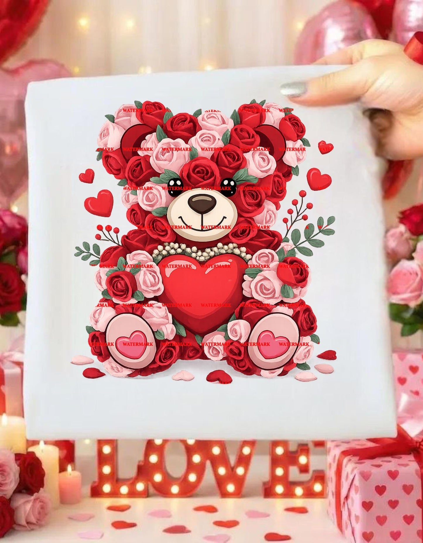 Rose Teddy Bear with Heart PNG, Valentine Floral Bear Clipart, Love Roses Teddy, Romantic Gift Art