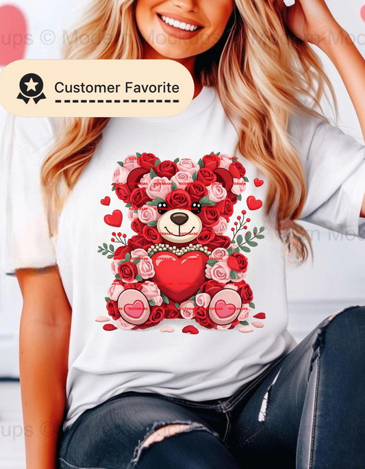 Rose Teddy Bear with Heart PNG, Valentine Floral Bear Clipart, Love Roses Teddy, Romantic Gift Art