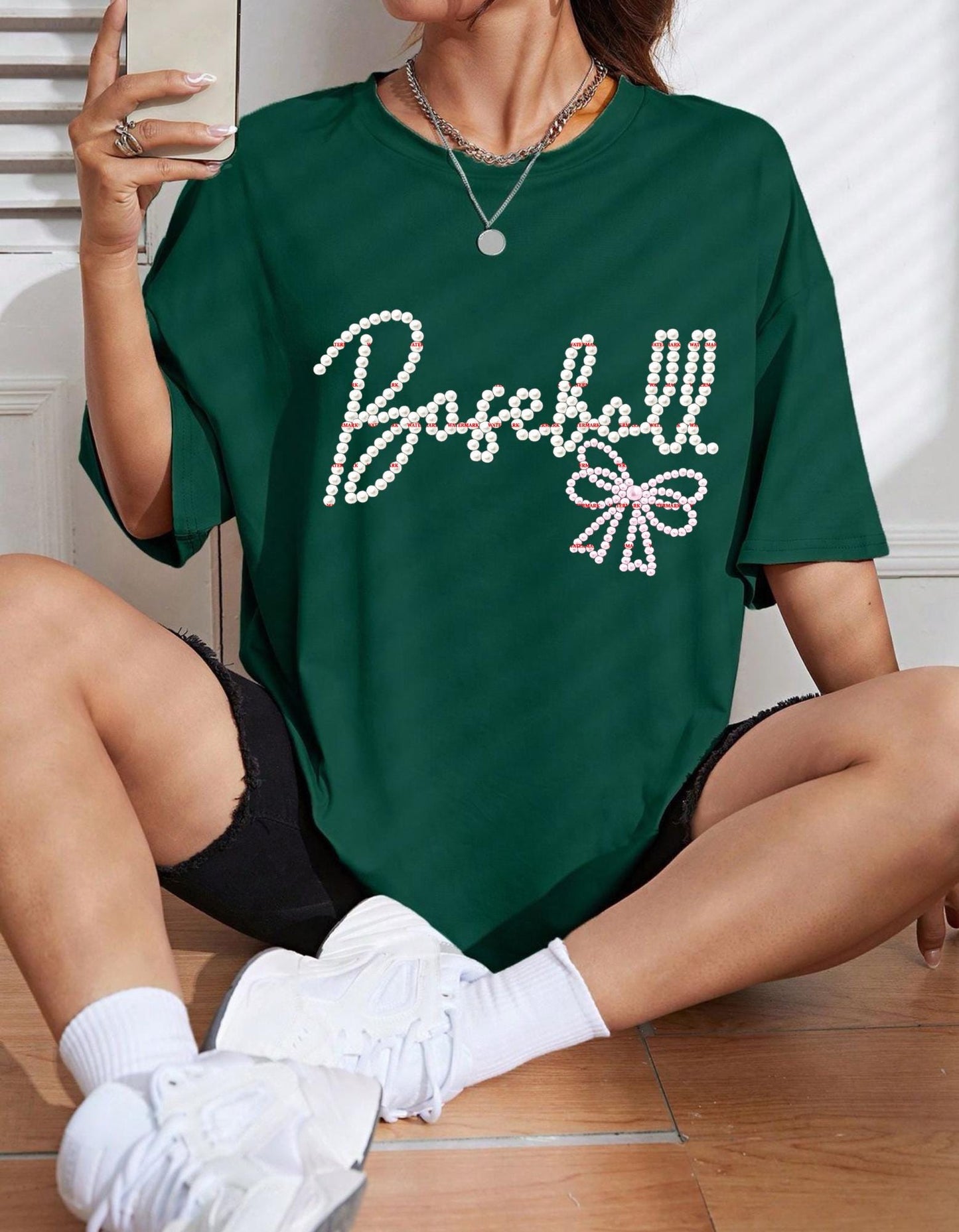 Trendy Bow, Rhinestone Bow Typography Shirt Design, Baseball Pearl Bow PNG,Coquette Bow Graphic, Girly Fashion Sublimation,Sports, Gameday