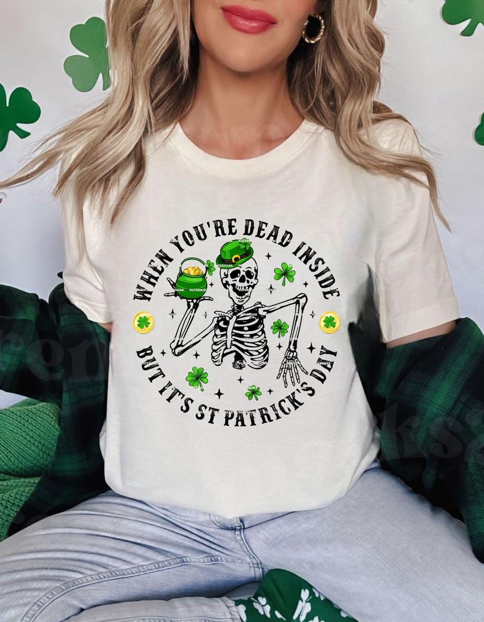 When You're Dead Inside But It’s St Patrick’s Day PNG, Funny Skeleton Shamrock Design, St Paddy’s Sublimation PNG, Irish Humor Shirt Graphic