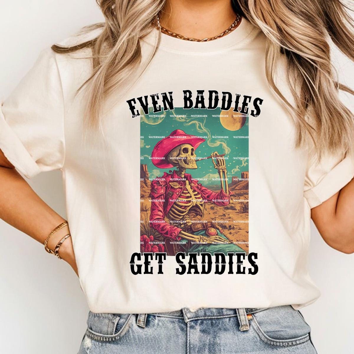 Even Baddies Get Saddies PNG, Sad Cowboy Skeleton Art, Mental Health Humor Design, Western Goth Sublimation, Girls, Sarcastic, Sarcasm Png