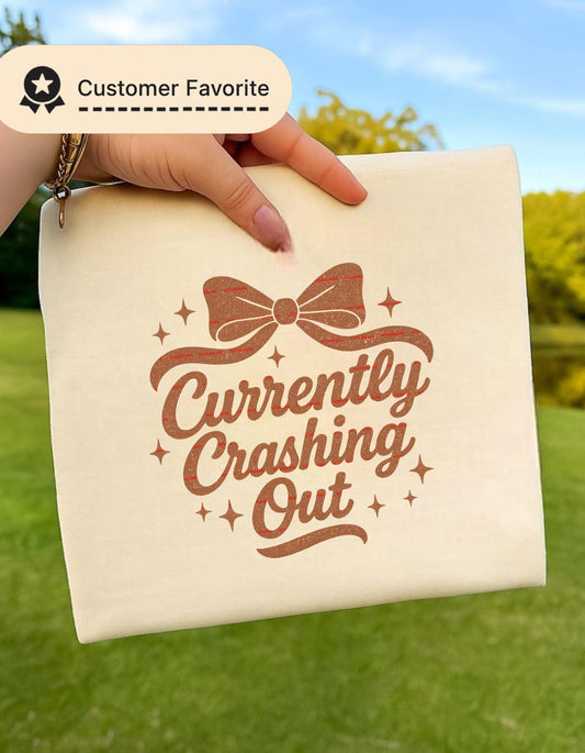 Currently Crashing Out PNG, Funny Burnout Quote Shirt Design, Trendy Coquette Bow Graphic, Sarcastic Mental Health Sweatshirt Sublimation