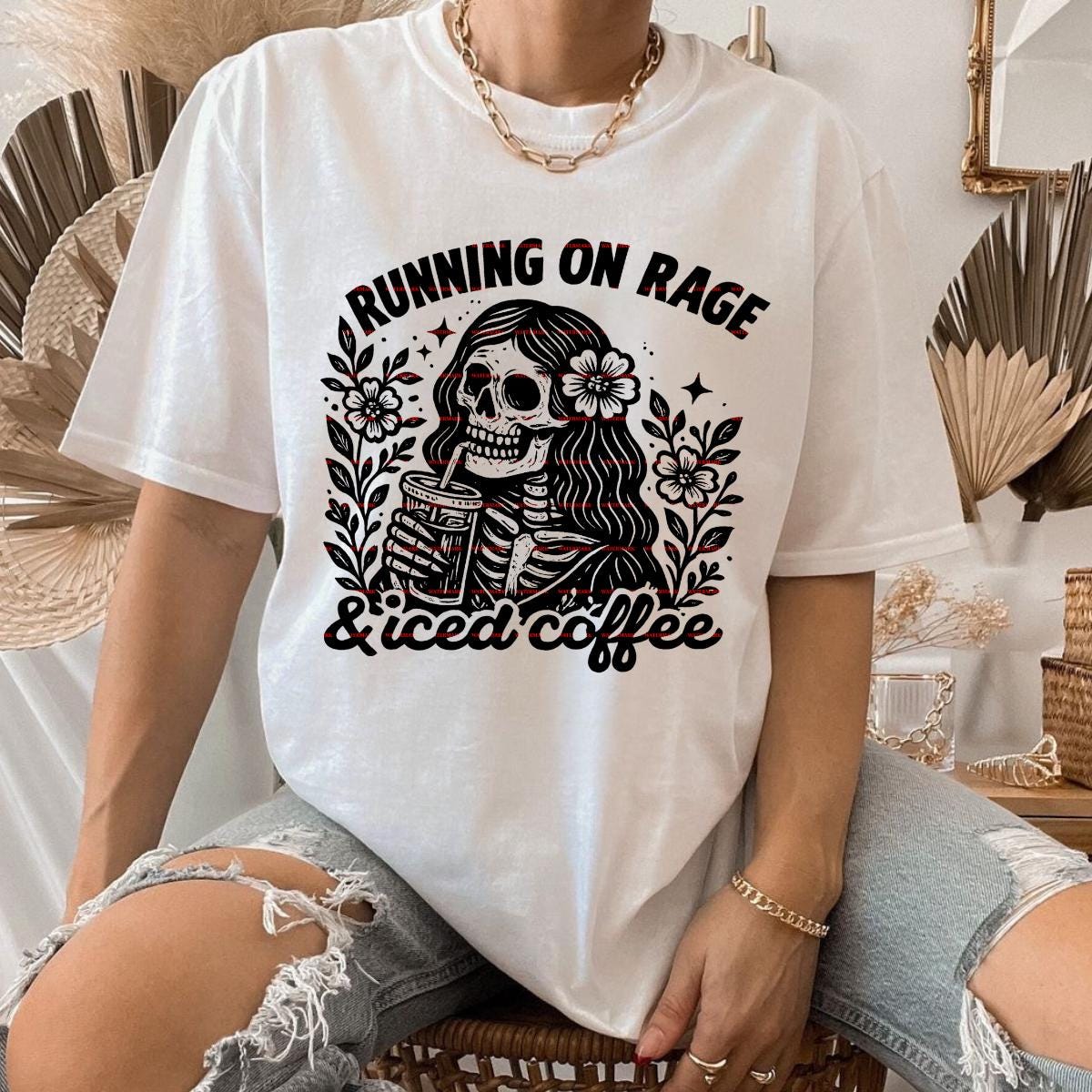 Running On Rage And Iced Coffee PNG, Gothic Skeleton Girl Shirt Design, Dark Humor Coffee Lover Graphic, Morning coffee Png Sublimation File