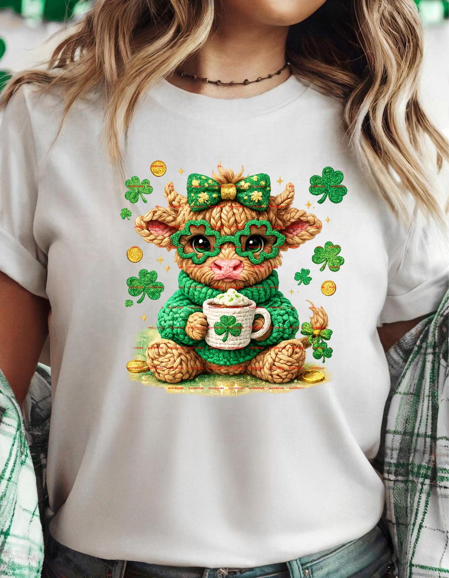 Cute St Patricks Day Highland Cow PNG, Shamrock Cow Sublimation Design, Coquette Green Bow Farm Girl Graphic, Lucky, Coffee Digital Download
