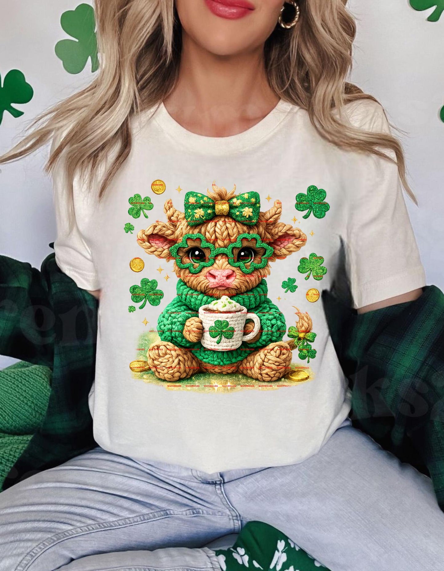 Cute St Patricks Day Highland Cow PNG, Shamrock Cow Sublimation Design, Coquette Green Bow Farm Girl Graphic, Lucky, Coffee Digital Download