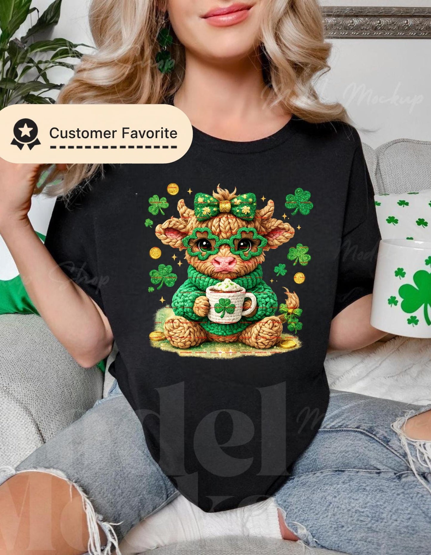 Cute St Patricks Day Highland Cow PNG, Shamrock Cow Sublimation Design, Coquette Green Bow Farm Girl Graphic, Lucky, Coffee Digital Download