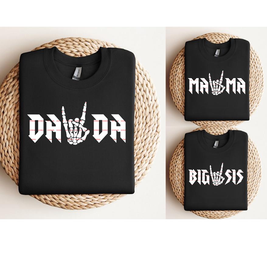 Matching Family Rock Hand Shirts, Dada Mama Big Sis Rock Sign Tee, Skeleton Hand Family Matching T-Shirt Set, Cool Family Outfit
