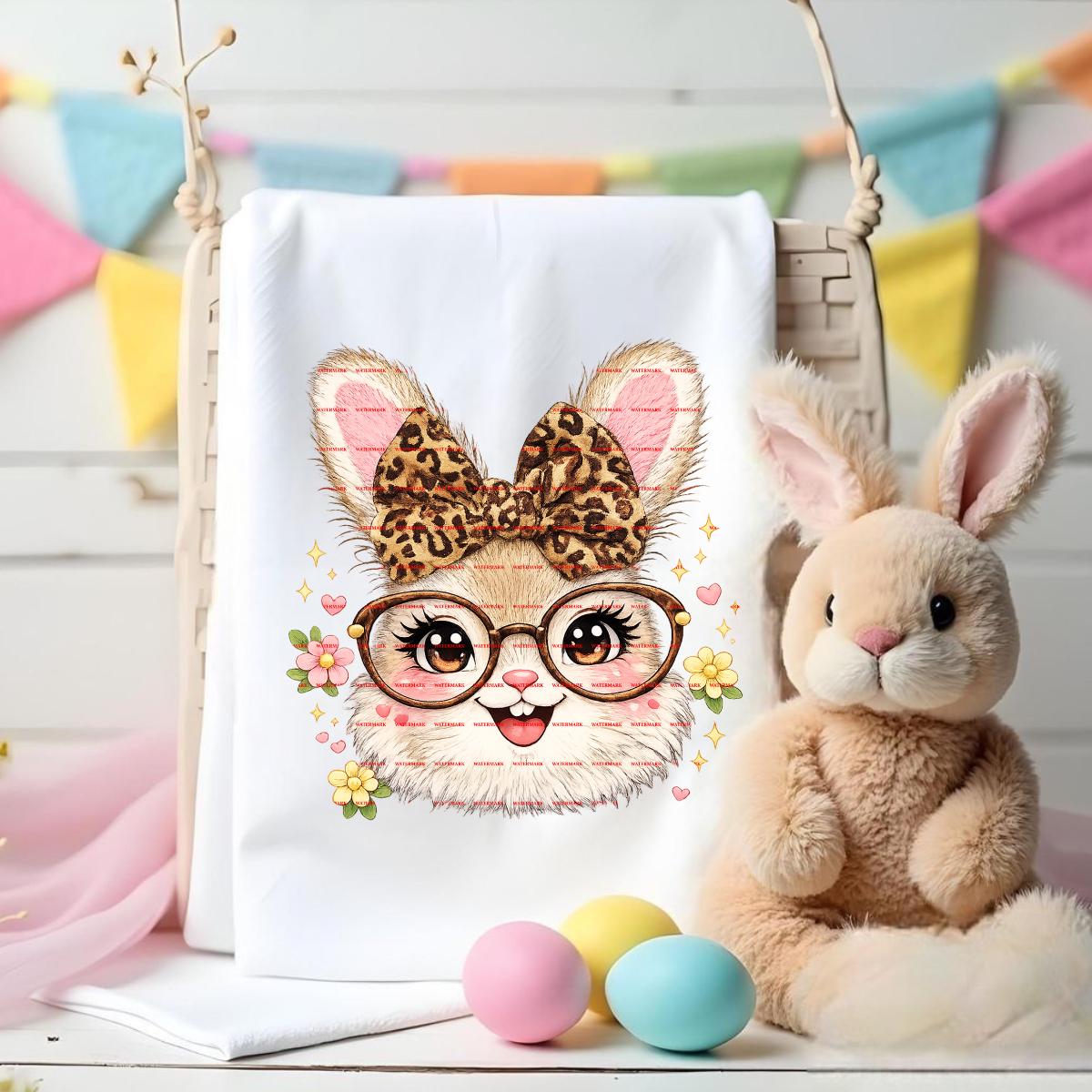 Cute Bunny with Glasses, Leopard Bow Easter Bunny PNG, Coquette Bunny Face, Spring Girl Shirt Sublimation, Floral Rabbit Clipart, Easter Png