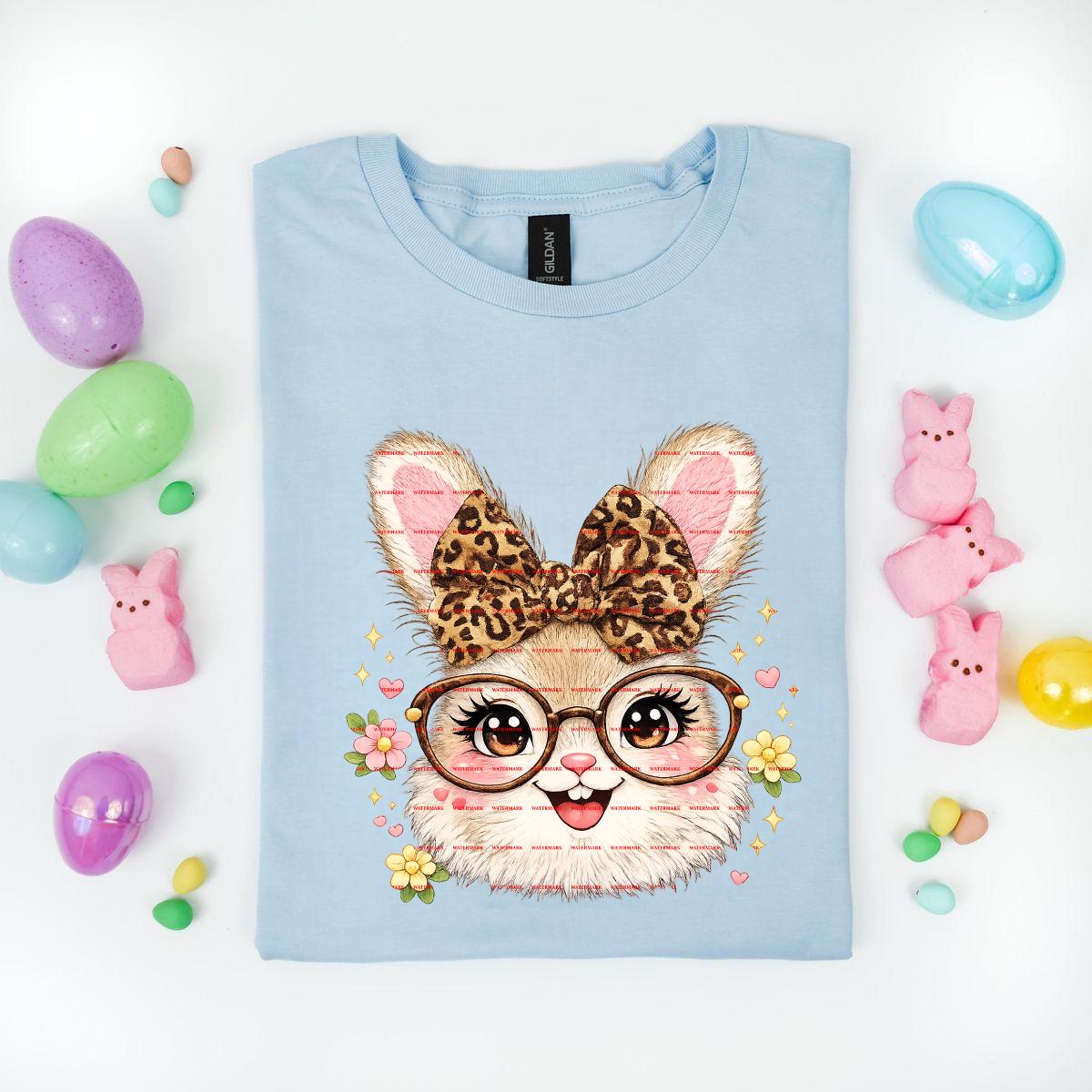 Cute Bunny with Glasses, Leopard Bow Easter Bunny PNG, Coquette Bunny Face, Spring Girl Shirt Sublimation, Floral Rabbit Clipart, Easter Png
