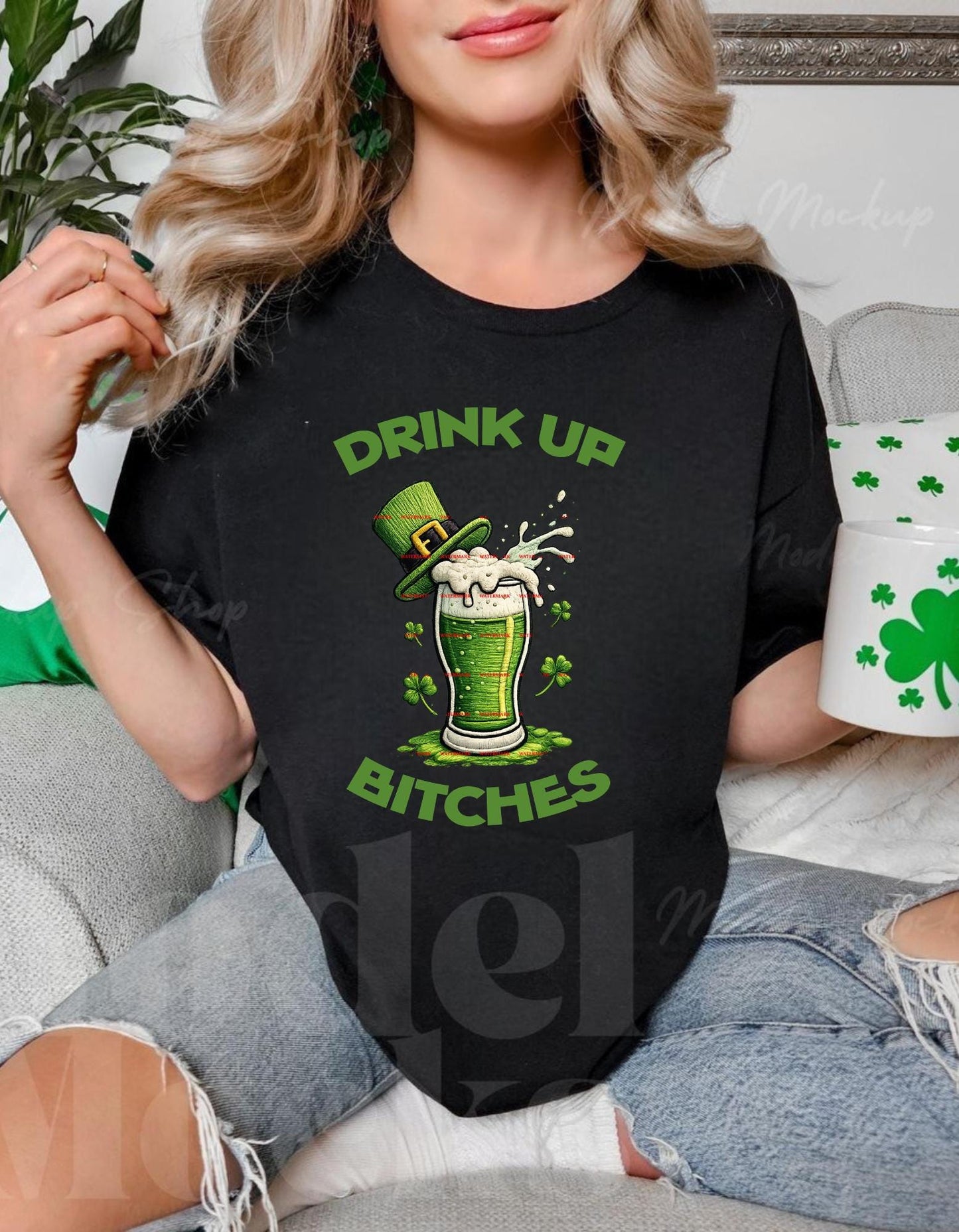 Drink Up Bitches St Patrick’s Day Shirt Png, Funny Irish Beer Png, Shamrock Drinking Party Tee for Women, Lucky, Beer, March sublimation