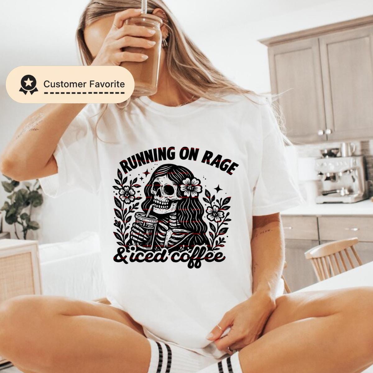 Running On Rage And Iced Coffee PNG, Gothic Skeleton Girl Shirt Design, Dark Humor Coffee Lover Graphic, Morning coffee Png Sublimation File