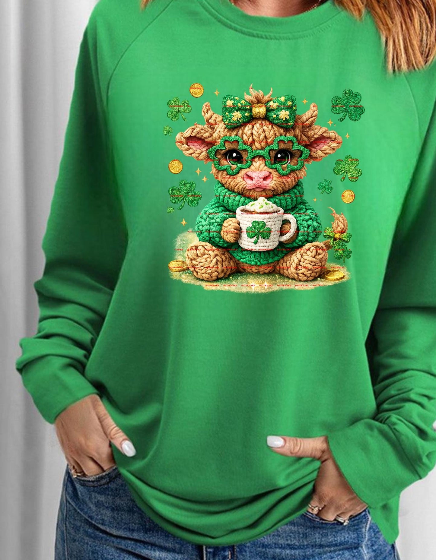 Cute St Patricks Day Highland Cow PNG, Shamrock Cow Sublimation Design, Coquette Green Bow Farm Girl Graphic, Lucky, Coffee Digital Download