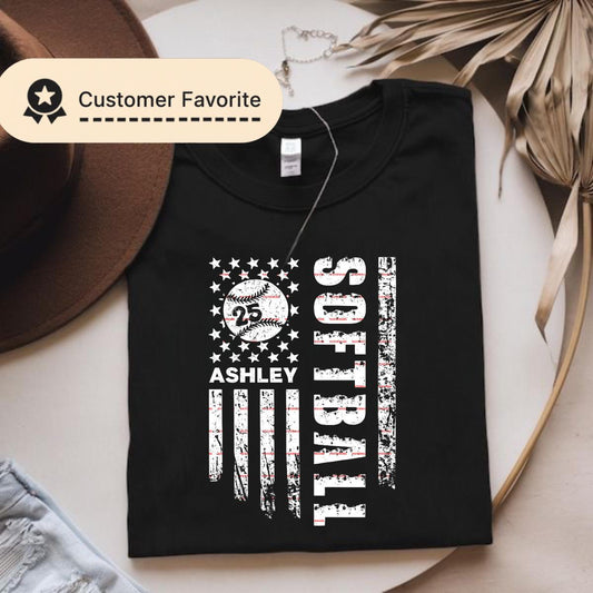 Sports,Personalized Name & Number Softball Shirt Design,Custom Softball American Flag PNG, Distressed USA Flag Sports Mom Sublimation, USA