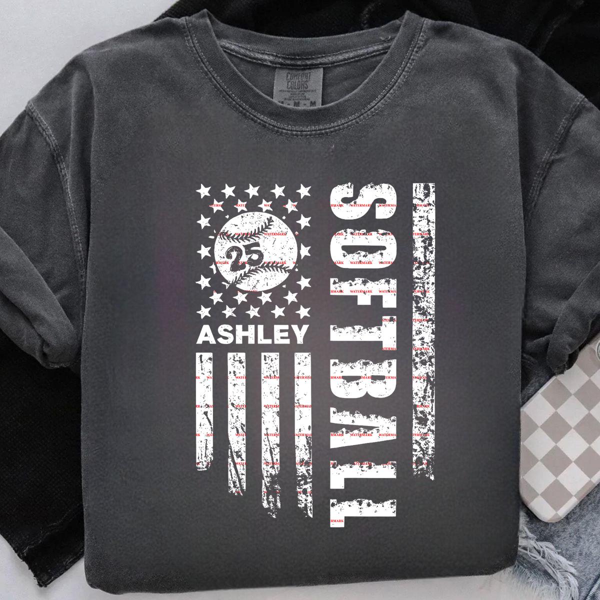 Sports,Personalized Name & Number Softball Shirt Design,Custom Softball American Flag PNG, Distressed USA Flag Sports Mom Sublimation, USA