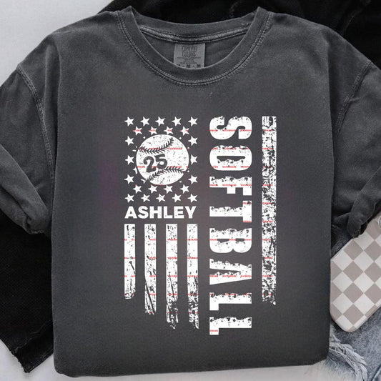 Sports,Personalized Name & Number Softball Shirt Design,Custom Softball American Flag PNG, Distressed USA Flag Sports Mom Sublimation, USA