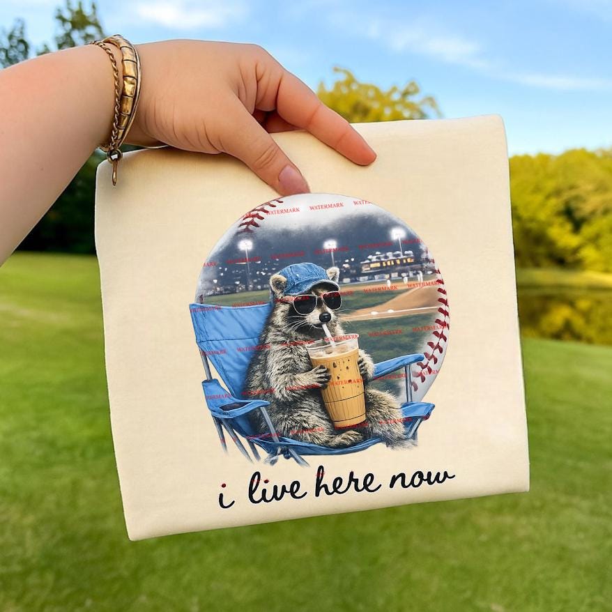 Game Day Coffee Graphic, I Live Here Now PNG, Baseball Mom Humor Shirt Design, Cute Sports Fan Sublimation Funny Baseball Raccoon Png