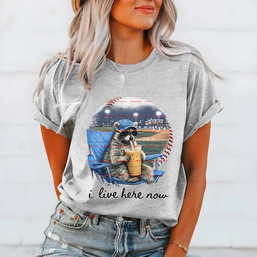 Game Day Coffee Graphic, I Live Here Now PNG, Baseball Mom Humor Shirt Design, Cute Sports Fan Sublimation Funny Baseball Raccoon Png