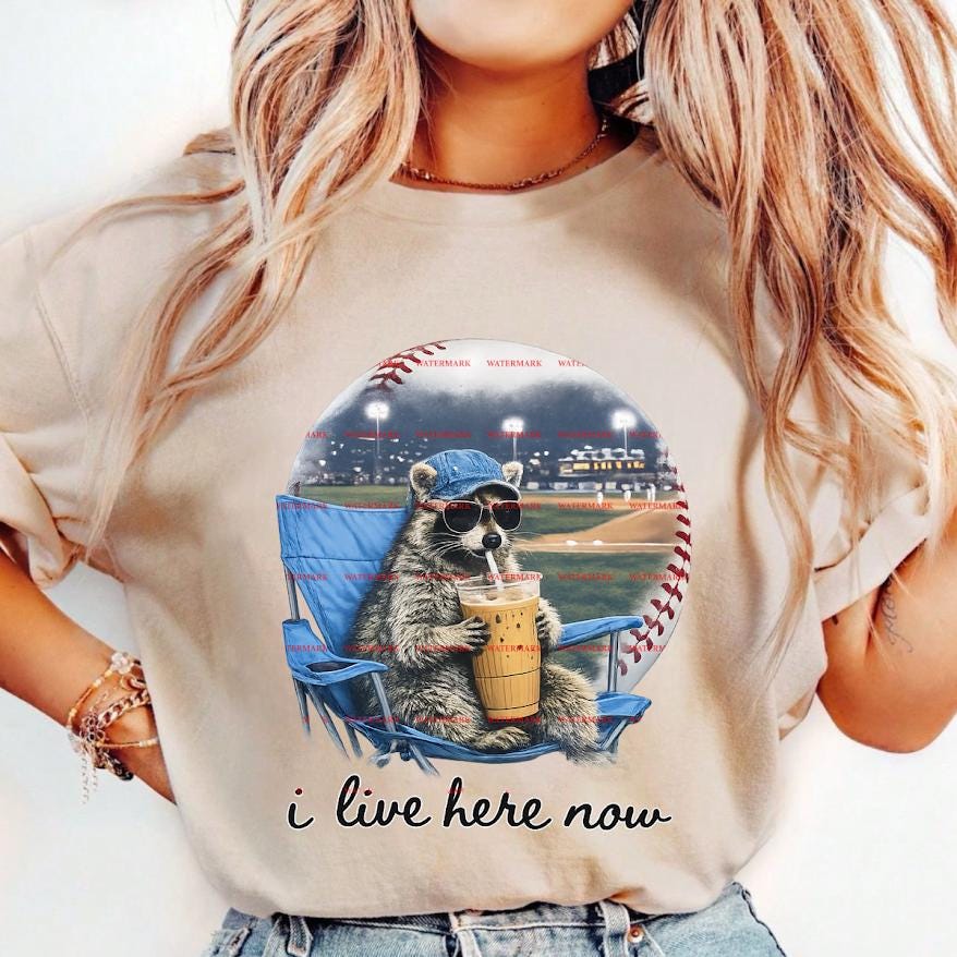 Game Day Coffee Graphic, I Live Here Now PNG, Baseball Mom Humor Shirt Design, Cute Sports Fan Sublimation Funny Baseball Raccoon Png