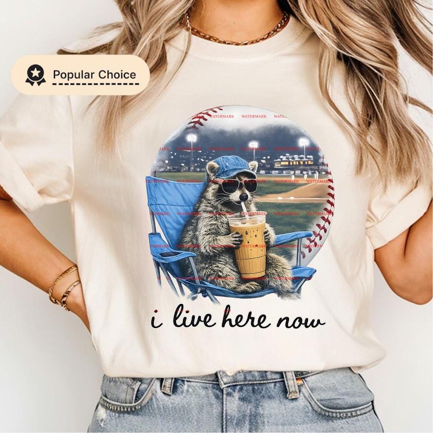 Game Day Coffee Graphic, I Live Here Now PNG, Baseball Mom Humor Shirt Design, Cute Sports Fan Sublimation Funny Baseball Raccoon Png