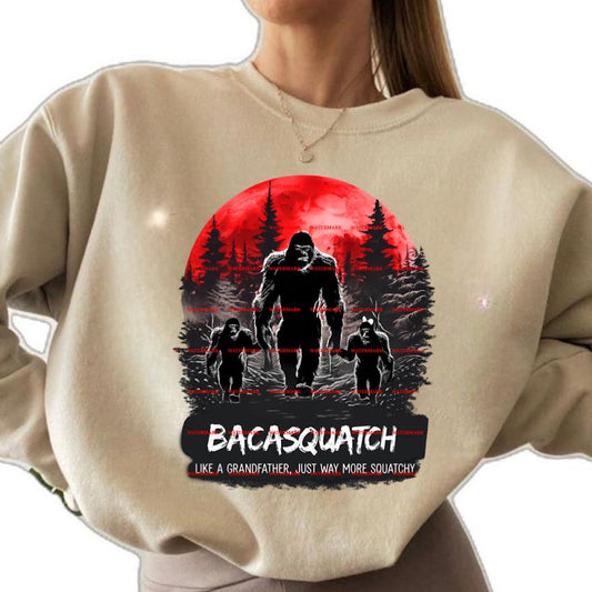 Bacasquatch PNG, Funny Bigfoot Grandpa Design, Sasquatch Grandfather Shirt, Retro Red Moon Forest Art, Bigfoot Family Graphic, Cryptid Humor
