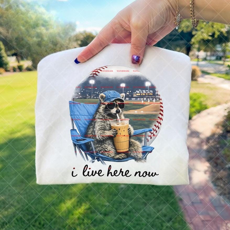 Game Day Coffee Graphic, I Live Here Now PNG, Baseball Mom Humor Shirt Design, Cute Sports Fan Sublimation Funny Baseball Raccoon Png