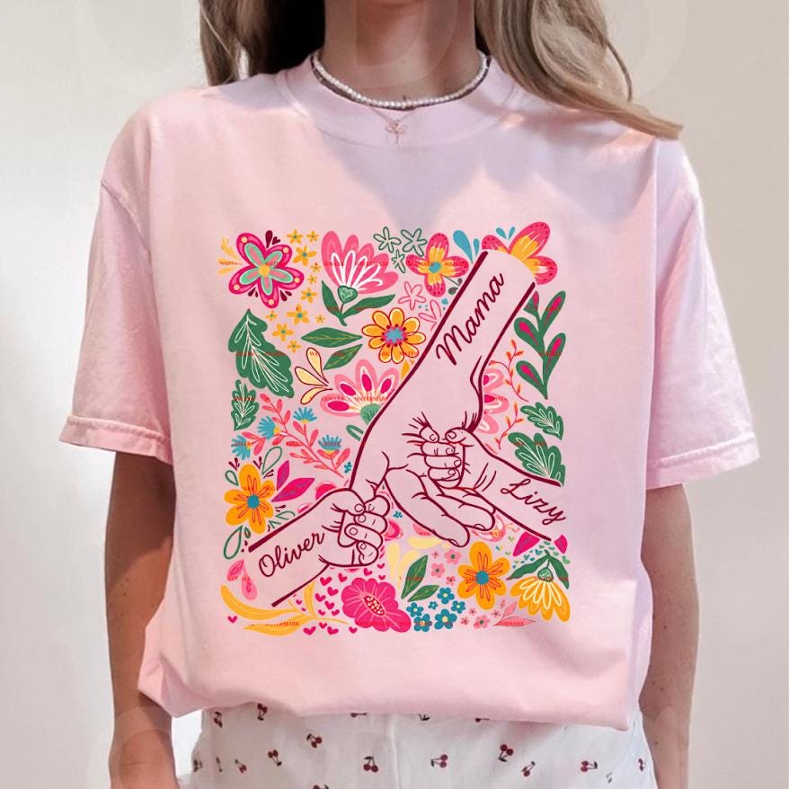 Personalized Mama Png file, Custom Kids Name Shirt design, Floral Hand Holding Tee, Mom Gift Shirt, Custom Motherhood Png, Mother’s Day Gift