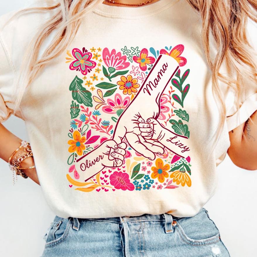 Personalized Mama Png file, Custom Kids Name Shirt design, Floral Hand Holding Tee, Mom Gift Shirt, Custom Motherhood Png, Mother’s Day Gift