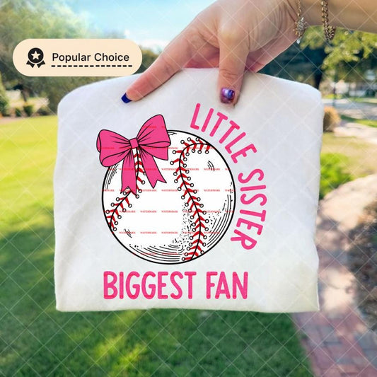 Baseball Sister Shirt Design, Softball Sister Graphic, Cute Sports Fan, Game Day Sister Tee, Baseball Bow PNG,Little Sister Biggest Fan PNG