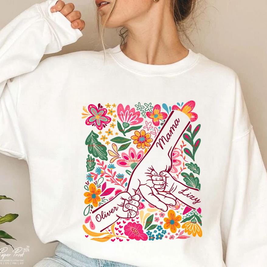 Personalized Mama Png file, Custom Kids Name Shirt design, Floral Hand Holding Tee, Mom Gift Shirt, Custom Motherhood Png, Mother’s Day Gift