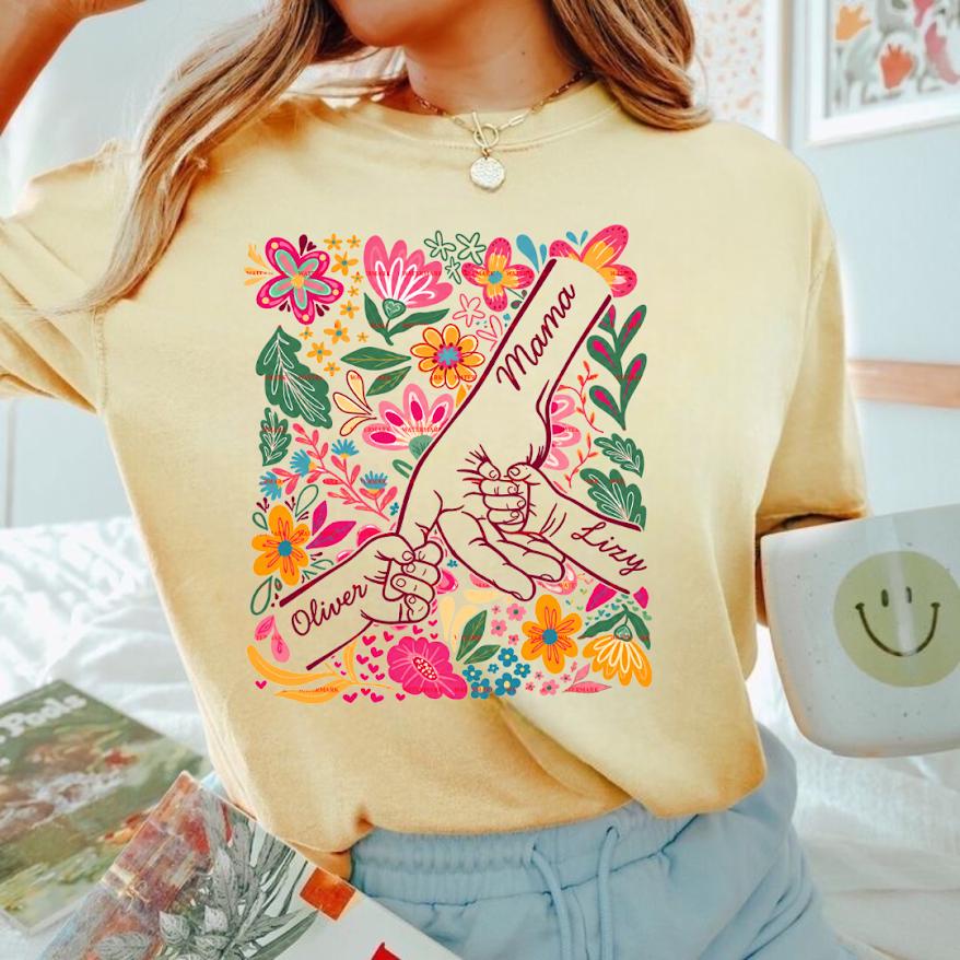 Personalized Mama Png file, Custom Kids Name Shirt design, Floral Hand Holding Tee, Mom Gift Shirt, Custom Motherhood Png, Mother’s Day Gift